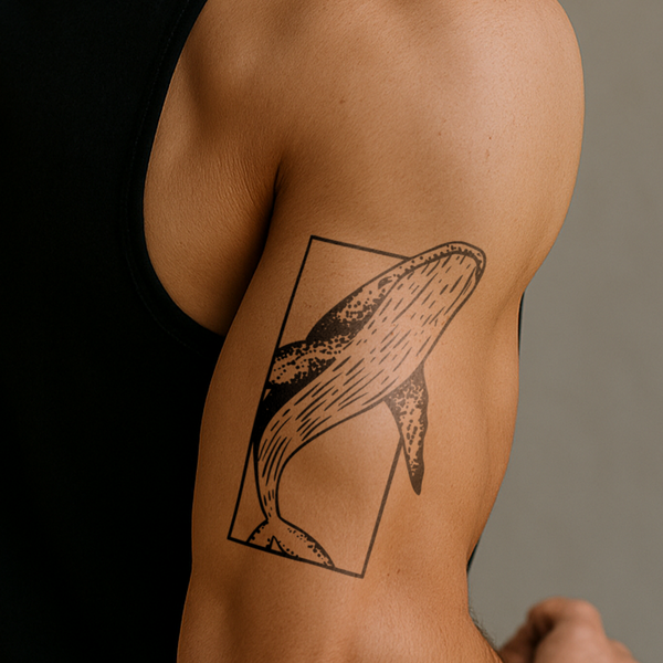 Tatuaggio balena blu nel rettangolo