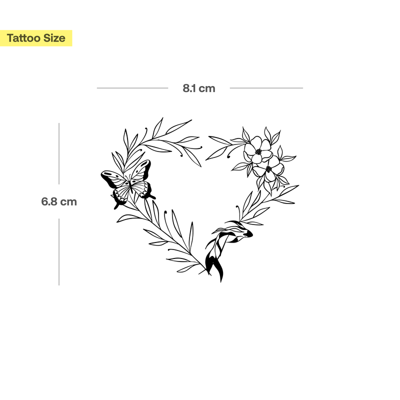 Tatuaggio corona di fiori a forma di cuore con farfalla e pesce